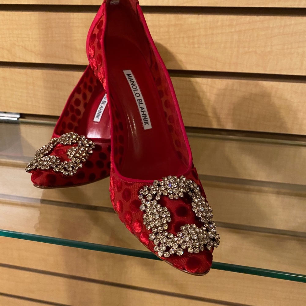 Manolo Blahnik Hangisi Red Polka Dot Sheer Pump
